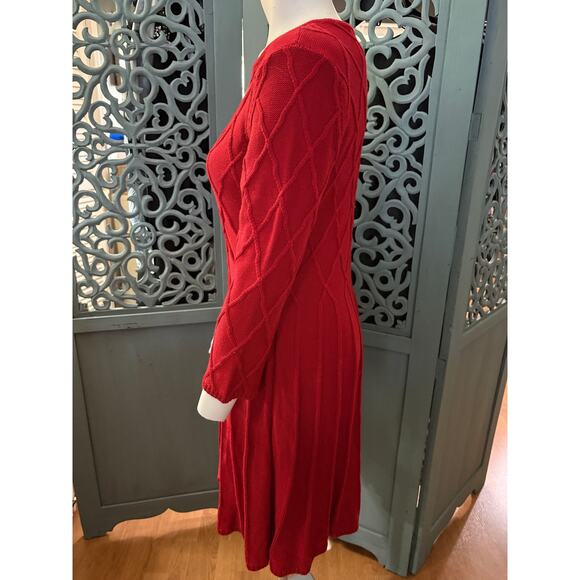 J Howard Red Sweater Dress-Fit and Flare Pleated-Holiday Diamond Pattern Knit-L - Picture 8 of 11